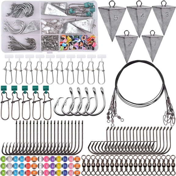 Surf Fishing Tackle Kit 130pcs Saltwater Rigs Fish Finder Rig Live Bait Include Leaders Pyramid Sinker Weight Slider Hooks Swivels Accessories