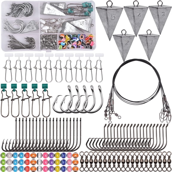 130pcs Saltwater Surf Fishing Tackle Kit – Complete with Fish Finder Rigs, Live Bait Rigs, Pyramid Weights & Leaders for Beach Fishing