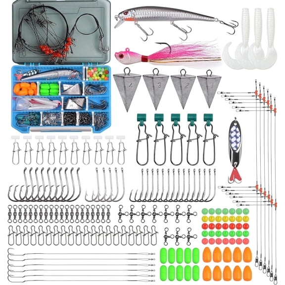 Surf Fishing Tackle Kit, 173pcs Saltwater Fishing Gear with Pyramid Sinkers Fish Finder Rigs High-Low Rigs Pompano Rigs Wire Leaders Hooks Bucktail Jig Lures for Striper Flounder Catfish