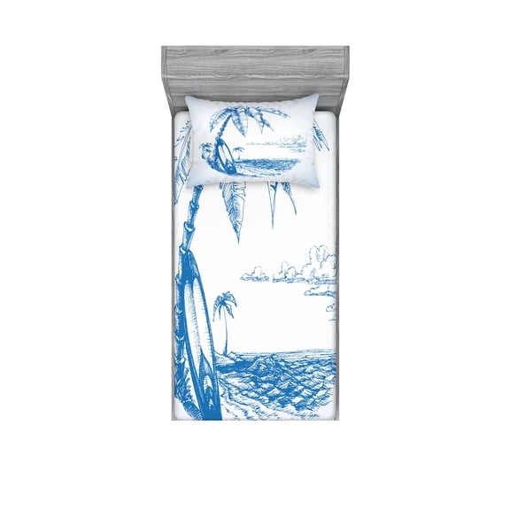 Surf Fitted Sheet & Pillow Sham Set, Contemporary Sketch Illustration Hawaiian Beach Surfboard Palms Ocean Water, Decorative Printed 4 Piece Bedding Decor Set, Twinxl, Blue White, by Ambesonne