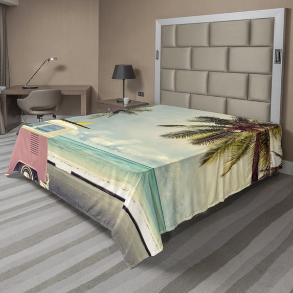 Surf Flat Sheet, Minivan the Beach Retro Inspired Vacation Clouds in Summer Sky Honeymoon Destination, Soft Comfortable Top Sheet Decorative Bedding 1 Piece, 6 Sizes, Multicolor, by Ambesonne