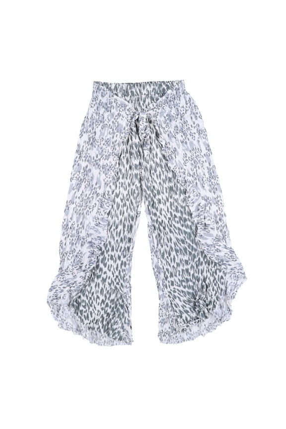 Womens Pants Ruffle Tie Front Lightweight Bottoms White Animal Print