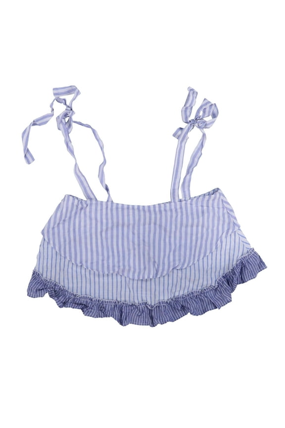 Women's Cover Up Crop Top Tie Strap Stripe Ruffle Top Navy Medium New
