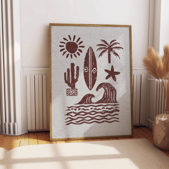 Surf Icon Wall Art, Coastal Cowgirl Decor, Vintage Surf Illustration Collage, Boho Beach House Nautical Wall Art, California Wall, Decor, Unfreamed 8x12