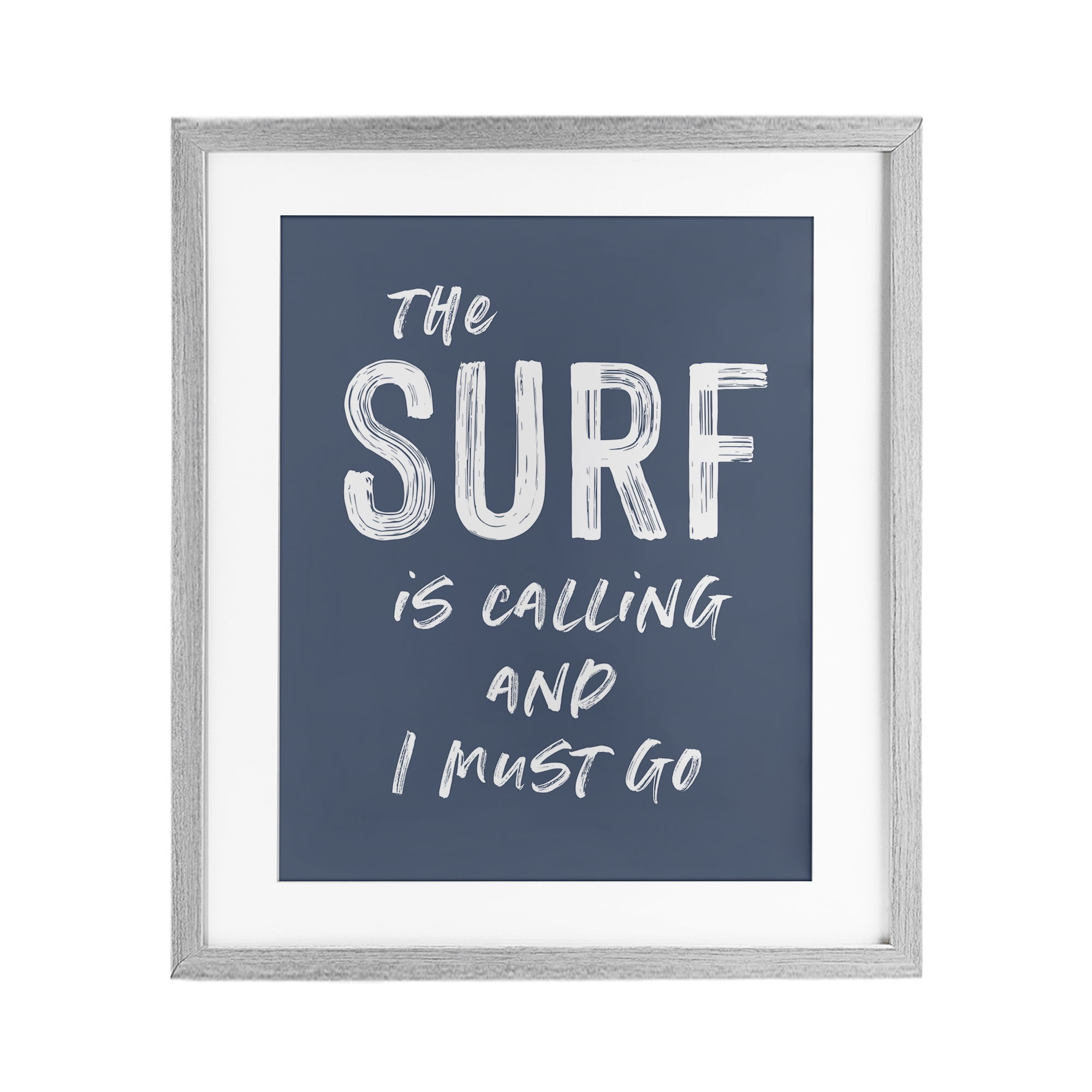 Surf Is Calling Must Go Gray Framed Print Under Glass, design by Lettered and Lined