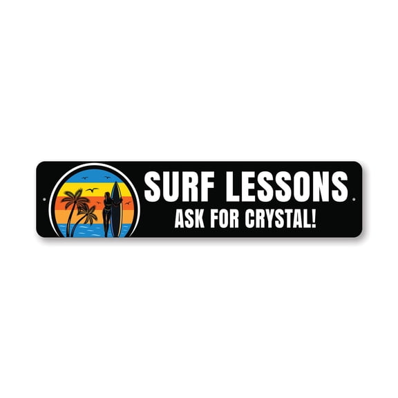 Surf Lesson Ask For Help Aluminum Metal Decor Sign - 4x18 inches
