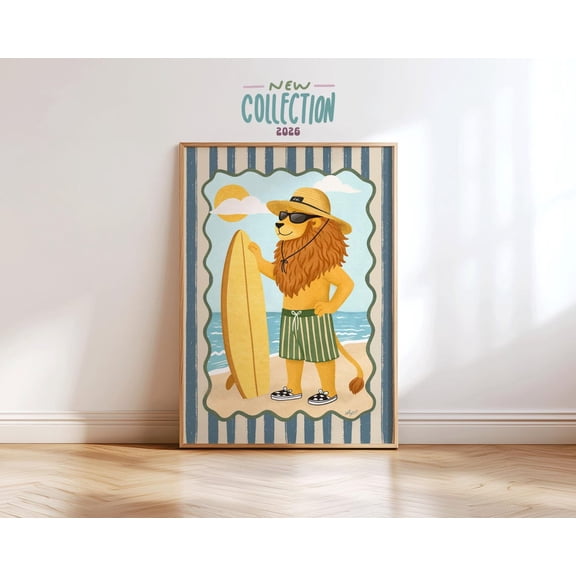 Surf Lion Wall Art Room Beach Nursery Coastal Animal Summer Unframed Paper Print
