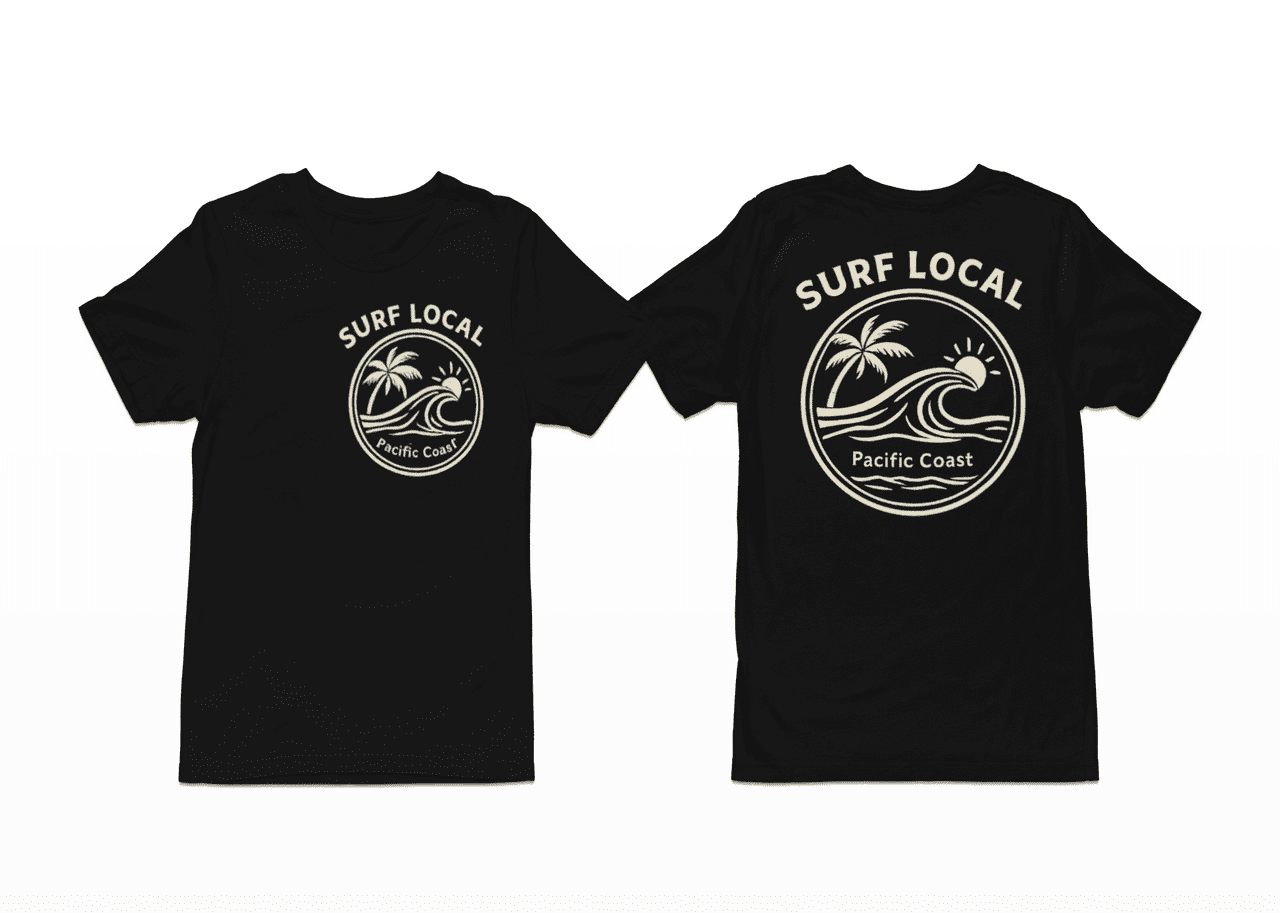 Surf Local Pacific Coast T-Shirt – Vintage Surf Graphic Tee, Beach Wave Shirt, Front & Back Print Unisex Crewneck