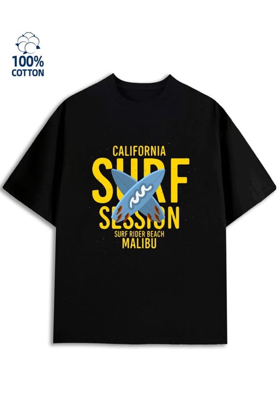 Greenink Surf Malibu Tee men's Los Angeles 180G 100% Cotton black cut 79 Basic Unisex Shirt Graphic tshirts Original Unisex Shirt Short Sleeve tshirts Basic Unisex Shirt Graphic Tee tshirts