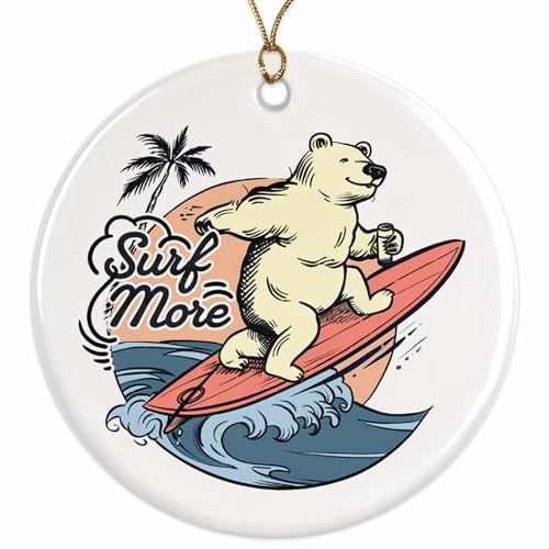 Surf More Polar Bear Christmas Ornament - Cool Retro Surfing Bear Magnet - Surfer Beach Bum - 2.8" Round Ornament - Gold String Included - UV Printed Design - Glossy Ceramic - BMCO0925