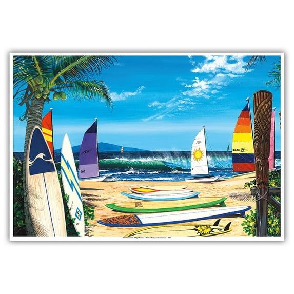 Surf N Sail - Surfboard & Sailboards - From an Original Color Painting by Scott Westmoreland - Master Art Print (Unframed) 13in x 19in
