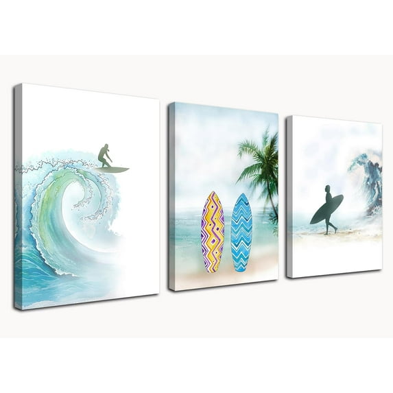 Surf Pictures Ocean Beach Wall Art Coastal Prints Seascape Canvas Vocation Modern Tropical Palm Tree Paintings Artwork Framed for Bathroom Living Room Bedroom Office Home Decor 12"x16"x3