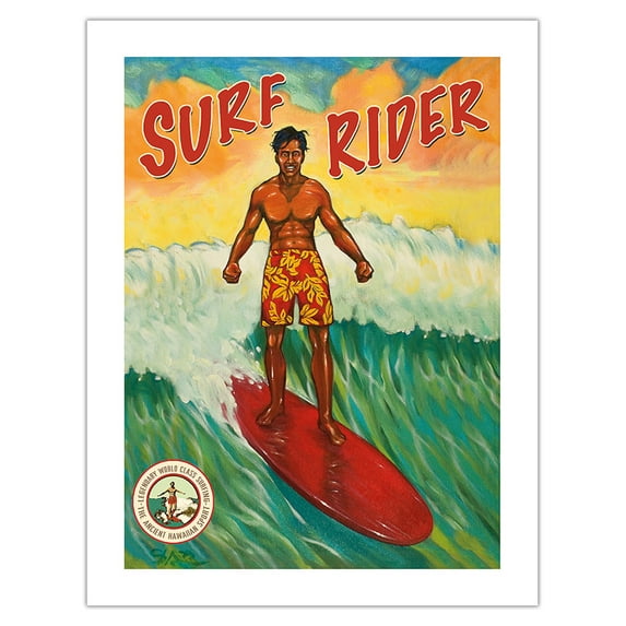 Surf Rider - Hawaii Surfer - Vintage Hawaiian Travel Poster by Rick Sharp - Bamboo Fine Art 290gsm Paper (Unframed) 17x22in