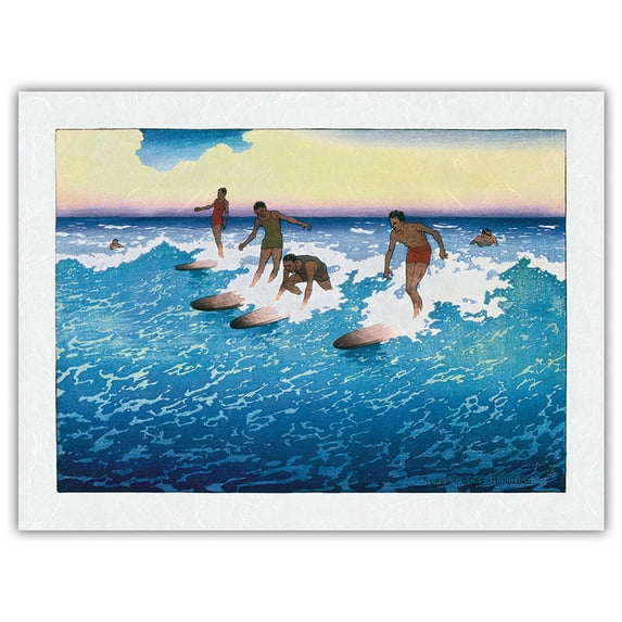 Surf Riders - Duke Kahanamoku w Friends - Honolulu Hawaii - Vintage Colored Woodblock Print by Charles W. Bartlett c.1920s - Japanese Unryu Rice Paper Art Print (Unframed) 18 x 24 in