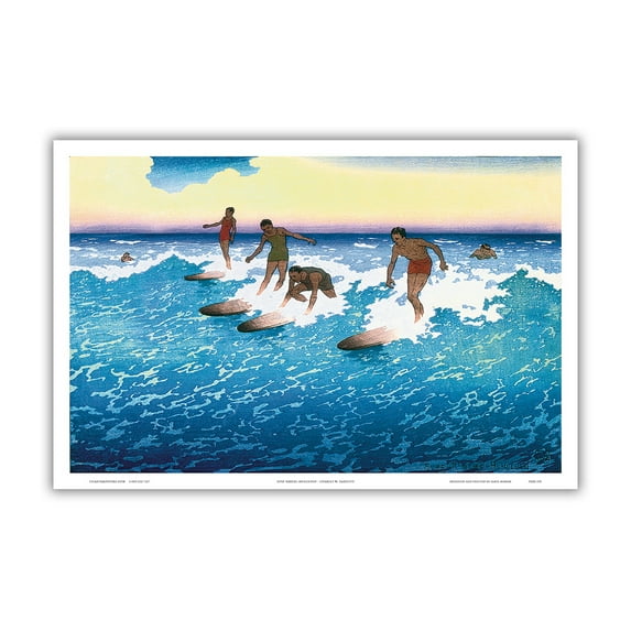 Surf Riders - Duke Kahanamoku w Friends - Honolulu Hawaii - Vintage Colored Woodblock Print by Charles W. Bartlett c.1920s - Master Art Print (Unframed) 12in x 18in