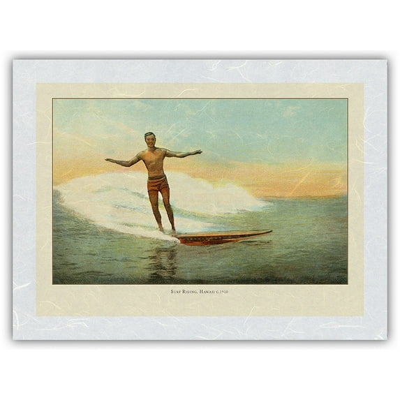 Surf Riding Hawaii - Vintage Hawaiian Color Postcard c.1910 - Japanese Unryu Rice Paper Art Print (Unframed) 12 x 16 in