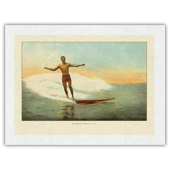 Surf Riding Hawaii - Vintage Hawaiian Color Postcard c.1910 - Japanese Unryu Rice Paper Art Print (Unframed) 18 x 24 in