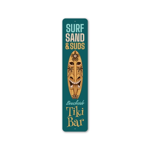 Surf, Sand, Suds Beach Sign, Surfing Sign, Beachside Bar Aluminum Metal Decor Sign - 4x18 inches