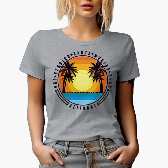 Surf Session Santa Monica Beach California with Palm Trees, Heather Grey T-Shirt, XL