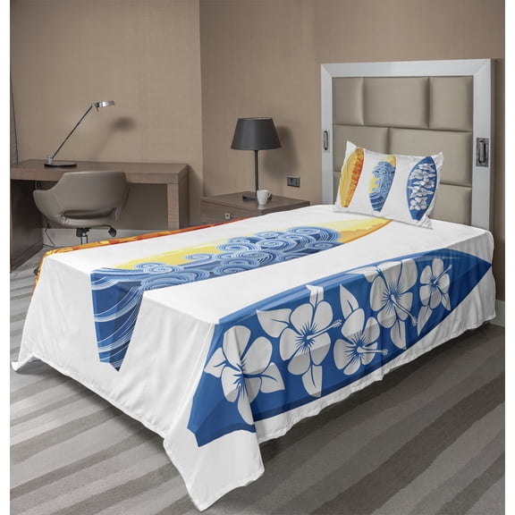 Ambesonne Summer Fitted & Top Sheet Set with Sham, Surf Fun Water Sports, Blue Orange Yellow