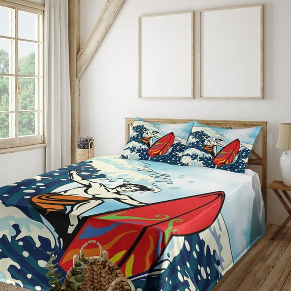 Ambesonne Surf Fitted & Top Sheet Set with Shams, Summer Cartoon Surfing Boy, Multicolor
