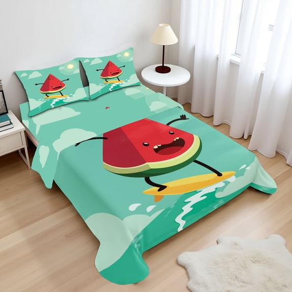 Surf Sheet Set, Watermelon Riding the Waves Surfing in the Ocean Popular Summer Activity, Fitted and Flat Sheet with Pillowcases Bedding Accent 4 Piece Set, Calking, Red Green Yellow, by Ambesonne