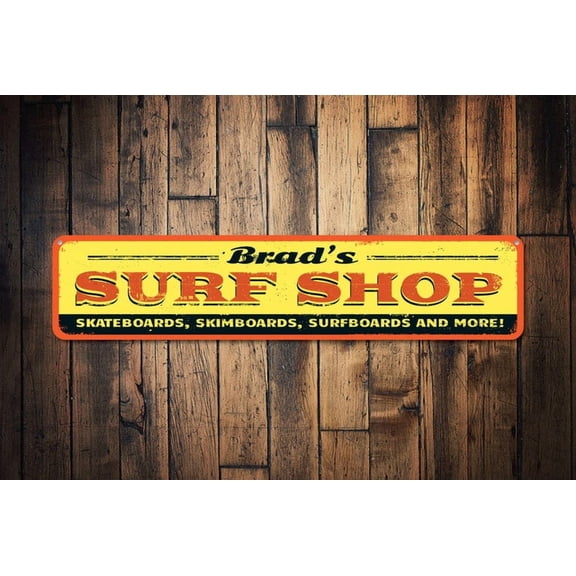 Surf Shop Sign Skateboard Surfers Surfboard Shop Name Sign Custom Metal Beach House Decor - Shop Decoration - Size: 16 x 4 Inches