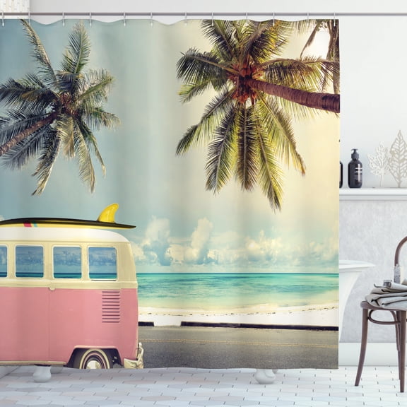 Surf Shower Curtain, Minivan on the Beach Retro Inspired Vacation Clouds in Summer Sky Honeymoon Destination, Fabric Bathroom Set with Hooks, 69W X 75L Inches Long, Multi, by Ambesonne