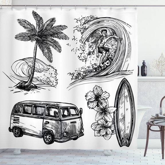 Surf Shower Curtain, Surfing Sport Surfboard Beach Van Sketch Style Artistic Monochromic Illustration, Fabric Bathroom Set with Hooks, 69W X 75L Inches Long, Black White, by Ambesonne