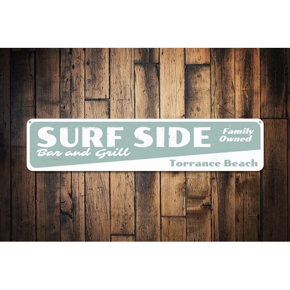 Surf Side Bar & Grill Sign Family Owned Seafood Restaurant Sign Custom Metal Beach House Decor - Custom Sign - Size: 16 x 4 Inches