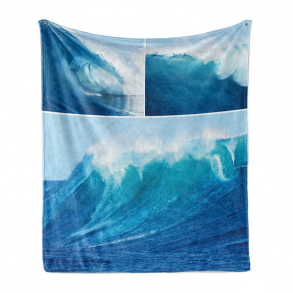 Surf Soft Flannel Fleece Blanket, Collage of Giant Sea Wave Photos Refreshing Diving and Surfing Lifestyle Leisure Concept Art, Cozy Plush for Indoor and Outdoor Use, 70" x 90", Blue, by Ambesonne