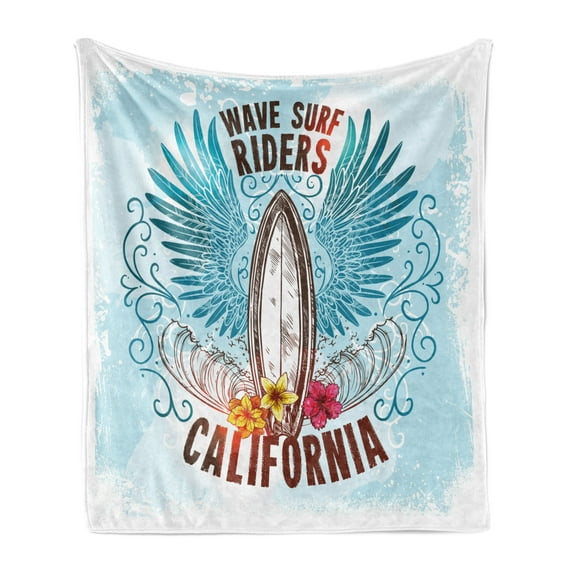 Surf Soft Flannel Fleece Throw Blanket, Board Sign with Sketch Flowers Like Wings Wave Riders as Free Flying Bird Image, Cozy Plush for Indoor and Outdoor Use, 70" x 90", Multicolor, by Ambesonne