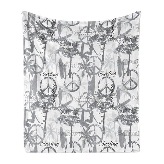 Surf Soft Flannel Fleece Throw Blanket, Silhouette of a Surfing Lady Woman in the Ocean Peace Signs Retro Pattern Artwork, Cozy Plush for Indoor and Outdoor Use, 50" x 70", Grey White, by Ambesonne