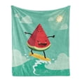 thumbnail image 1 of Surf Soft Flannel Fleece Throw Blanket, Watermelon Riding the Waves Surfing in the Ocean Popular Summer Activity, Cozy Plush for Indoor and Outdoor Use, 60" x 80", Red Green Yellow, by Ambesonne, 1 of 5