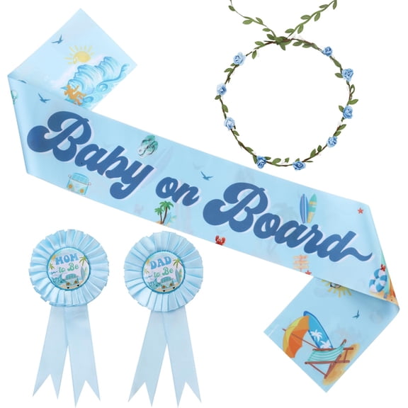 Surf Themed Baby Shower Kit Blue Sash Corsage Pins Flower Crown 1 Pack