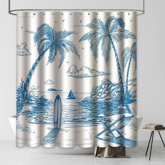Surf Themed Shower Curtain - Retro Surfboard Tropical Palm Tree Lounge Summer Beach Scene, Polyester Fabric, Includes 12 Hooks, 72x72 Inches, Perfect for Ocean-Inspired Bathrooms