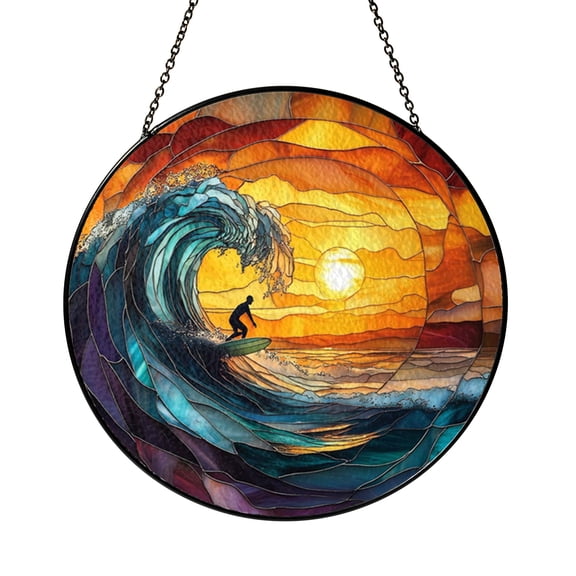 Surf Wave Inspired Stained Glass Style Suncatcher – Decorative Window Art