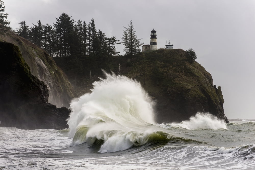 Surf breaks at Cape Disappointment Lighthouse Ilwaco Washington United States of America Canvas Art - Robert L Potts Design Pics (19 x 12)