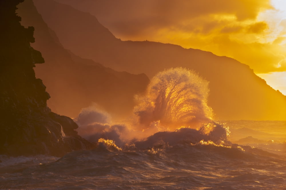 Surf crashes on the Na Pali coast at sunset Kauai Hawaii United States of America Canvas Art - Carl Johnson Design Pics (38 x 24)