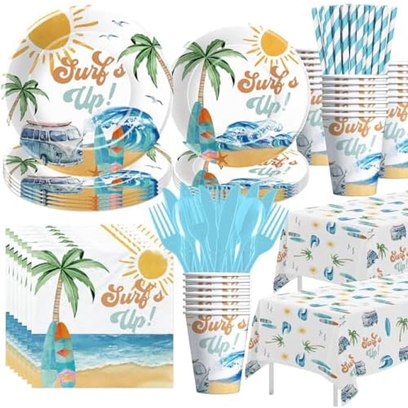 Surf's Up Party Decorations Tableware For Boys - Surf Birthday Party Supplies, Paper Plate, Cup, Napkin, Cutlery, Tablecloth, Summer Hawaiian Beach Wave Surfing Birthday Decorations | Serve 24
