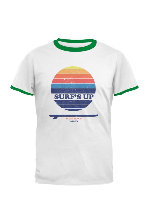 Surf's Up Bondi Beach Sydney Australia Mens Ringer T Shirt White-Kelly LG