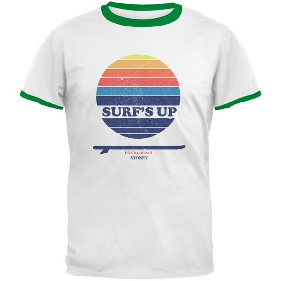 Surf's Up Bondi Beach Sydney Australia Mens Ringer T Shirt White-Kelly SM
