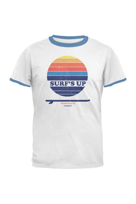 Surf's Up Bondi Beach Sydney Australia Mens Ringer T Shirt White-Sky LG