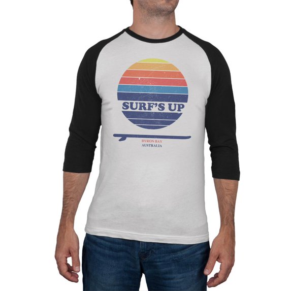 Surf's Up Byron Bay Australia Mens Raglan T Shirt White-Black X-LG