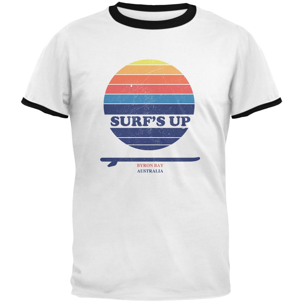 Surf's Up Byron Bay Australia Mens Ringer T Shirt White-Black SM