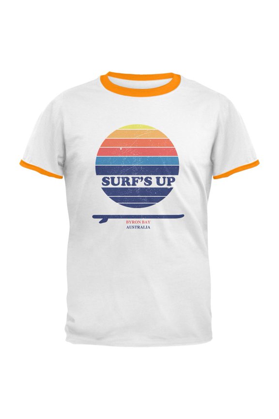 Surf's Up Byron Bay Australia Mens Ringer T Shirt White-Gold SM