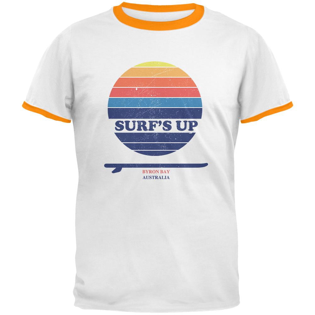 Surf's Up Byron Bay Australia Mens Ringer T Shirt White-Gold X-LG