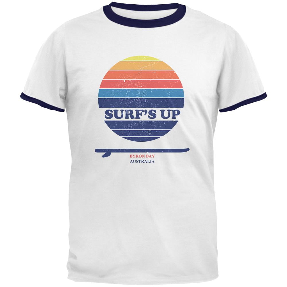 Surf's Up Byron Bay Australia Mens Ringer T Shirt White-Navy X-LG