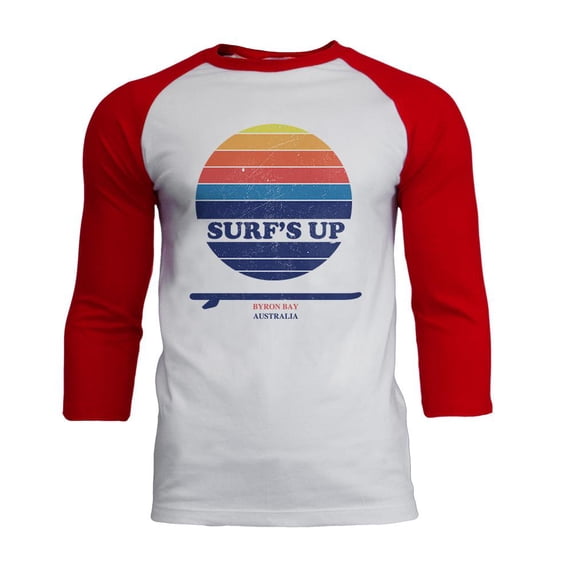Surf's Up Byron Bay Australia Mens Soft Raglan T Shirt White-Red LG