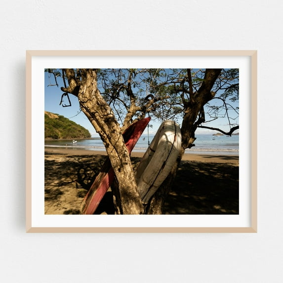 Surf's Up - Guanacaste Province Costa Rica Photography Beach Surfboard Ocean Coast Tropical Nautical Seaside Oak Framed Wall Art Print 18 x 24 inches